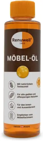 Renuwell Möbel-Öl Leinöl-Firnis, 270 ml – Natürliches Pflegeöl für Holz mit Leinöl und Teebaumöl, farblos, Schutz für geölte und unbehandelte Holzoberflächen, Schweizer Qualität