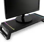 SN06 Monitorständer für Gaming-Schreibtisch mit Aufbewahrungsschublade, Handyhalterung, 10 RGB-Beleuchtungsmodi und 3-Port-USB-Hub (1 x USB3.0 + 2 x USB2.0), Schwarz