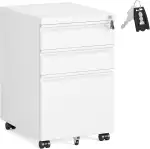 SONGMICS OFC033W101 Büroschrank mit 3 Schubladen, Rollfach auf Rollen, für Zuhause, Stahlgestell, 3 abschließbare Schubladen, Halterung für Drucker, 40 x 50 x 62 cm, mattweiß