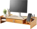 Monitorständer Holz mit abschließbarer Schublade, Ergonomischer Bildschirmständer aus MDF, Computertisch Erhöhung mit Stiftlöchern & Handyhalter, Tragfähigkeit 2,5–5kg, Organizer für Büro Homeoffice S