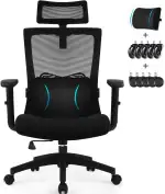 Daccormax Bürostuhl Ergonomisch, Schreibtischstuhl mit Verstellbarer Kopfstütze, Armlehnen, Lendenwirbelstütze, Drehstuhl Wippfunktion bis 135°, Chefsessel aus Mesh,Rückenschonend, Bürostuhl 150kg