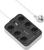 Steckdosenleiste 6-Fach mit USB (3 USB-A 3 USB-C) Mehrfachsteckdose Wandmontage, Steckdose mit Sc...