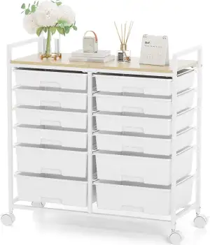 KINGRACK Rollcontainer mit 12 Schubladen und Holzarbeitsplatte, Schubladenschran