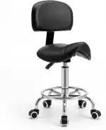 Sattelhocker mit Lehne – 360° drehbarer Hocker mit Rollen und verstellbarer Fußstütze | Sattelhocker mit Rollen höhenverstellbar 49-61 cm | Ideal für Büro, Salon und Kosmetik als Rollhocker (Schwarz)