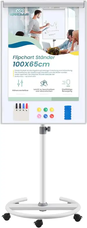 MAKELLO Flipchart Ständer 65x100cm Mobiles Whiteboard auf Rollen, Magnetisch Tro