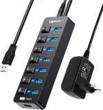 USB Hub Aktiv 3.0 mit Netzteil, VEMONT 7 Ports USB Verteiler USB-Hub und 1 Intelligenter Charging Port mit 5V/3A Netzteil, USB Splitter mit Individuellen Schalter und 1,2m Langes Kabel für PC/Laptop