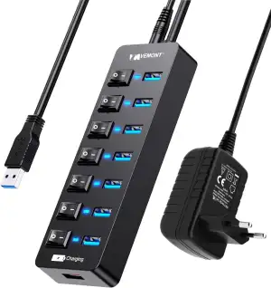 USB Hub Aktiv 3.0 mit Netzteil, VEMONT 7 Ports USB Verteiler USB-Hub und 1 Intel