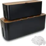 SENENQU 2er-Set Kabelbox schwarz, Große Kabel Organizer Box mit Holzdeckel für Kabel, Große und Kleine Kabelmanagement Box Adapter, Steckerleisten, Kabel Verstecken Box mit 20 Doppelseitige Aufkleber