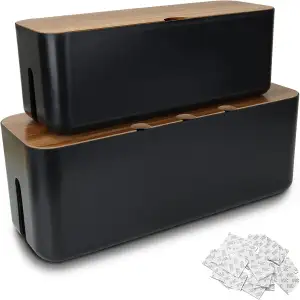 SENENQU 2er-Set Kabelbox schwarz, Große Kabel Organizer Box mit Holzdeckel für Kabel, Große und Kleine Kabelmanagement Box Adapter, Steckerleisten, Kabel Verstecken Box mit 20 Doppelseitige Aufkleber