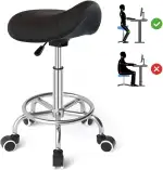 Sattelhocker Ergonomisch - Bequemer Sattelstuhl mit einem breiten Sattelsitzkissen, drehbarer, verstellbarer Sattelhocker mit Rollen und Ringpedal für Medizin,Massage, Salon,Büro und Zuhause (Schwarz)
