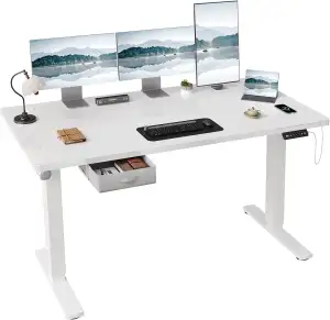 JUMMICO Höhenverstellbarer Elektrischer Stehtisch 160 x 80 cm mit Schublade und Haken – Höhenverstellbarer Sitz-Steh-Tisch mit Stabilem Stahlrahmen, Breiter Stehtisch für das Homeoffice, Weiß