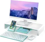 (HG) Monitorständer mit Schublade und Handyhalter, Monitorerhöhung, ergonomischer Bildschirmständer mit Stauraum, stabiler Monitor Stand für Schreibtisch und Home Office, Weiß/Minzgrün.