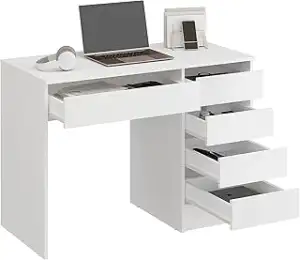 KOMTO Schreibtisch mit 5 Schubladen Weiß – Computertisch, Bürotisch, Kinderschre