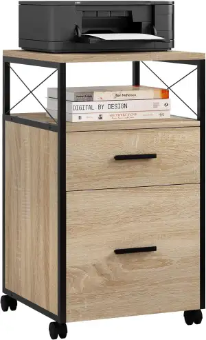 WOLTU Rollcontainer, mobiler Aktenschrank mit 2 Schubladen, offenem Fach, Hängeregistratur Büroschrank mit Rollen, Druckerständer, für A4/Letter-Ordner, helle Eiche, 40x69x40 cm, ASK09hei