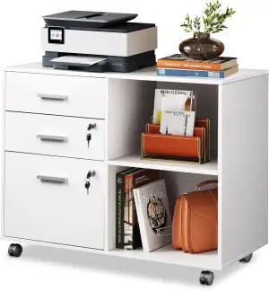 DEVAISE Rollcontainer mit 3 Schubladen und offenen Ablagen, Mobiler Aktenschrank mit Rollen, Druc...