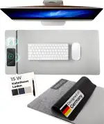 Schreibtischunterlage mit Ladefunktion für iPhone/AirPods/Android; Multifunktional; Leder/Filz; Schnellladen; Links/Rechtshänder; Minimalistische Schreibtischmatte; Desk mat; mauspad (Grau)