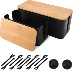 2er Set Kabelmanagement Box, Kabel Organizer, Aufbewahrungsbox für Kabel am Schreibtisch, mit Bambus Holzdeckel, Kabel Verstecken, Staubdicht & Organisiert Steckdosenleisten (ohne Bohren)