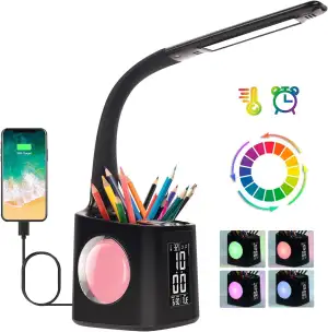 Schreibtischlampe Kinder LED,Tischlampe Dimmbar mit Uhr, Nachttischlampe Tischle