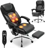 COLAMY Ergonomischer Chefsessel aus Leder mit 6-Punkt-Massage & 3-Stufen-Heizfunktion, höhenverstellbar, verstellbare Rückenlehne, ausziehbare Fußstütze – Büro & Home Office, Schwarz