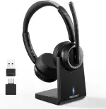 TECKNET V5.3 Bluetooth Headset mit Mikrofon, Wireless Headset mit AI Noise Cancelling Mikrofon, Ladestation, USB-Dongle, 55+ Std. Akku, Wiederaufladbar On-Ear Kopfhörer für Büro, Home, Callcenter