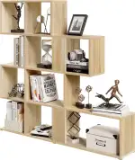 eSituro Bücherregal 4 Ebenen, Raumteiler Regal mit 11 offenen Fächern, freistehendes Treppenregal, Standregal, Stufenregal, für Wohnzimmer, Schlafzimmer, Büro, 115x109,5x19,5 cm, helle Eiche