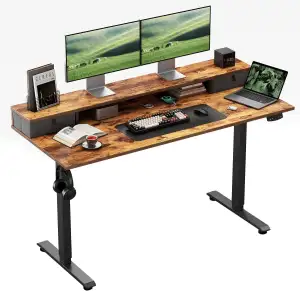 Klicelor Höhenverstellbarer Schreibtisch mit Doppelschubladen, Elektrisch Höhenverstellbarer Schreibtisch, Sitz-Steh-Computertisch, Ergonomischer Stehschreibtisch, 140 x 60 cm, Braun