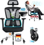 Bürostuhl Ergonomisch, 4D-Armlehnen, Verstellbare Sitztiefe, 4-Stufen Neigung, Gummirollen, Hohe Rückenlehne, Ergonomischer Lordosenstütze, Langes Sitzen, Homeoffice & Gaming, Bürostuhl 200KG