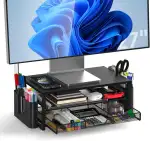 Monitor Ständer mit 2 Ebenen,Druckerständer, Monitorständer mit Gitterplattform, Schublade und Stifthalter, geeignet für Laptop, Computer, PC, Drucker, Beamer bis zu 20 kg (Matte Black)