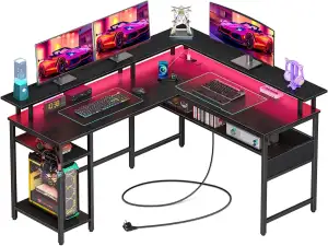 Rolanstar Gaming Schreibtisch L Form mit LED & Steckdosen, Gaming Tisch mit Moni