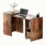 Schreibtisch Ausziehbar mit Stauraum, Computertisch mit Rollen, Bürotisch 2 Regal, Klappschreibtisch für Kleine Räume, Zusammengeklappten 40x55x73cm, Einfache Montage Robust & Langlebig (Braun)