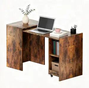 Schreibtisch Ausziehbar mit Stauraum, Computertisch mit Rollen, Bürotisch 2 Rega