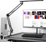 Schreibtischlampe für das Heimbüro, Schreibtischlampe Klemmbar , Architektenleuchte mit QC3.0 Adapter, Fresnel Linse, Tischlampe, 5 Farbmodi und Helligkeit, Klemmlampe mit Speicherfunktion, Schwarz