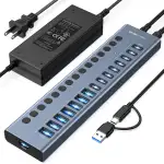 ACASIS USB-3.2-Hub mit 16 Anschlüssen (8 USB-A 3.2-Anschlüsse + 8 USB-C-3.2-Anschlüsse), Aluminium-USB-Hub, angetrieben mit 96-W-Netzadapter, USB-Hub für PC/Laptop, Computer, Flash-Laufwerk, Drucker