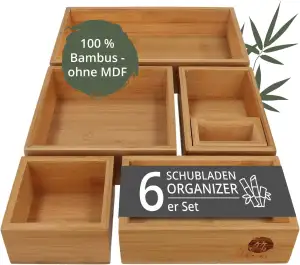 TAKE® 6-teiliges Schubladen Organizer aus 100% Natur Bambus - Boxen in vers. Größen für Küche, Bad & Büro, Schminktisch Organizer Bad, Drawer Organizer