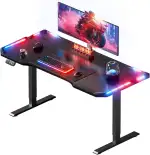 Höhenverstellbarer Schreibtisch 120 x 60 cm, Gaming Tisch mit LED, Elektrischer Schreibtisch, Steh-Sitz Tisch mit Kohlefaseroberfläche, Elektrisch Computertisch mit Funktions-Memory, Schwarz