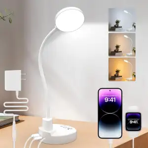 15W LED Schreibtischlampe mit USB-A & USB-C – Dimmbar, 3 Farbtemperaturen, 5 Helligkeitsstufen, 4 Timer, Flexibler 360° Schwanenhals, Augenschonend, Tischlampe für Büro & Schlafzimmer - Weiß
