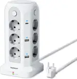 TESSAN 12 Fach Mehrfachsteckdose mit USB C, Steckdosenleiste mit 4 Einzelnen Schalter, Verlängerungskabel 2M Verteilersteckdose, Mehrfachsteckdose mit Überspannungsschutz, Steckdosenturm Weiß