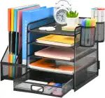 Marbrasse Schreibtisch Organizer mit Aktenhalter, 5 Ebenen Papier Briefablage mit Schublade und 2 Stiftehalter,Schreibtisch Netz Ablagefächer Organizer mit für Büro Bedarf (Schwarz)