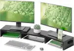 BONTEC Monitorständer Holz, Dual Monitor Stand Riser mit Handyhalter, Verstellbare Länge und Schwenkwinkel, Ergonomischer Monitorständer für 2 Monitore, Für Büro und Heimarbeit