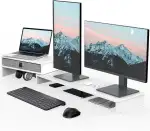 Fenge Dual Monitorständer mit Schublade für PC Computer Laptop Printer, Monitorständer Riser, Länge und Winkel Einstellbar,78,3-113x23,5x7,3cm, Weiß