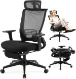 Klappbar Bürostuhl mit Fußstütze, Ergonomisch Schreibtischstuhl mit Lendenwirbelstütze, Kopfstütze, Chefsessel Mesh Stuhl 150 kg für platzsparendes Arbeiten von zu Hause aus, Schwarz