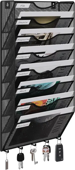 EasyPAG 8 Fächer Metall A4 Zeitschriften Wandhalter Zeitschriftenhalter Wand Aktenablage Dokumentenhalter Magazin Wandhalterung Post Organizer Prospektspender Flyerhalter Hängend mit 5 Haken,Schwarz