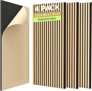 TONOR Holzfurnier Akustikpaneele selbstklebend,2,88m²-4 Stück 120x60x1,9cm 3D Wa