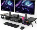 Fenge Monitorständer, Integrierte Mulde für Smartphone, Tablet, Stift, Monitor Stand aus Metall und Holz, für PC Laptop TV, Zuhause, Büro (Schwarz, 108cm)