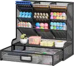 VITVITI Schreibtisch Organizer, 9 Fächer Stiftehalter mit Schublade, Netz Stifte Regal aus Metall, Stiftehalter Schreibtisch für Schule Heim Büro (Schwarz)