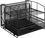 Amazon Basics Schreibtisch-Organizer, schwarz | Rechteckig, 3 Ablagen, Schublade, Hängeregister